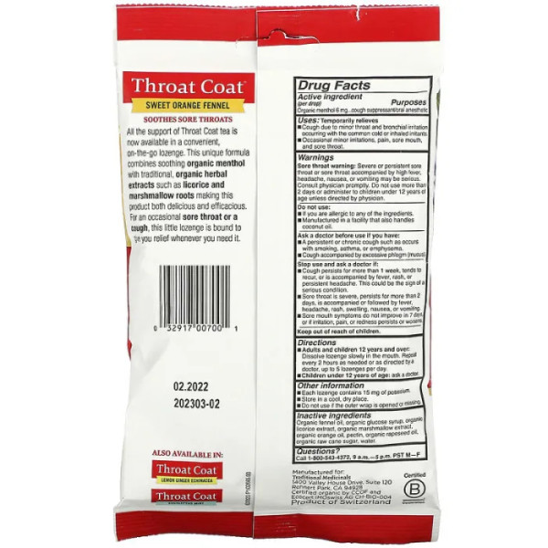 Льодяники для горла з ментолом, Organic Throat Coat Drops, Traditional Medicinals, органік, солодкий апельсин і фенхель, 16 льодяників від кашлю