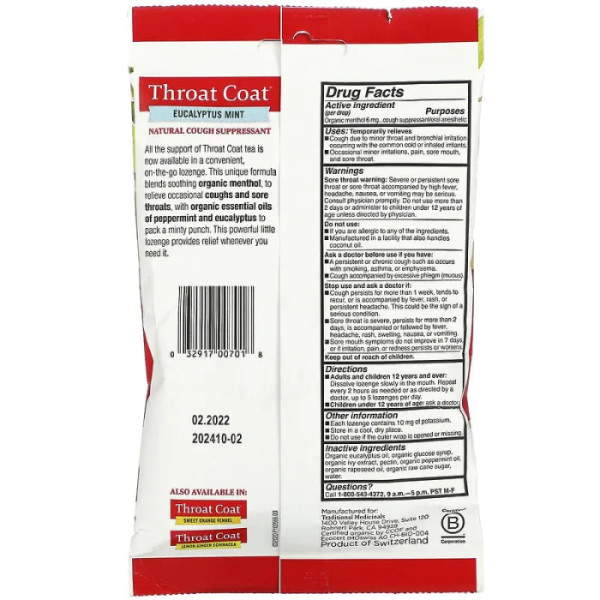 Льодяники для горла з ментолом, Organic Throat Coat Drops, Traditional Medicinals, органік, евкаліпт і м'ята, 16 льодяників від кашлю