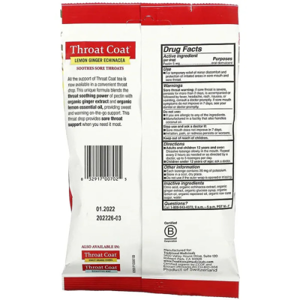 Льодяники для горла з пектином, Organic Throat Coat Drops, Traditional Medicinals, органік, лимон-імбир-ехінацея, 16 льодяників від кашлю