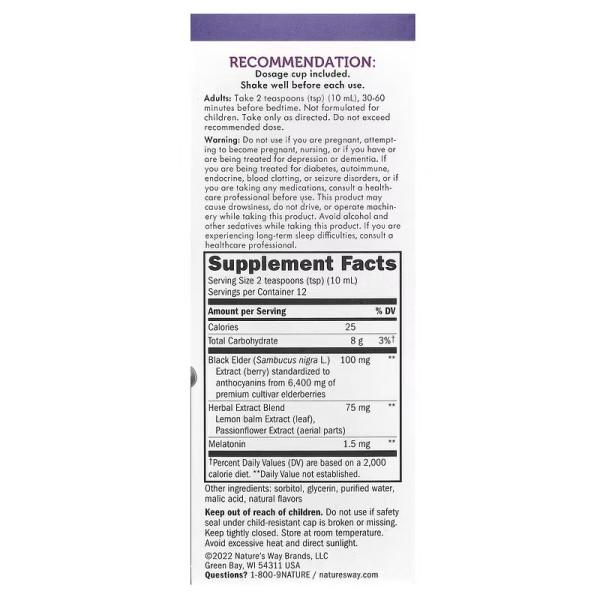 Чорна бузина для сну, Sambucus, NightTime, Nature's Way, нічний сироп з мелатоніном, 120 мл