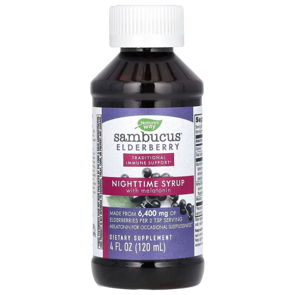 Чорна бузина для сну, Sambucus, NightTime, Nature's Way, нічний сироп з мелатоніном, 120 мл