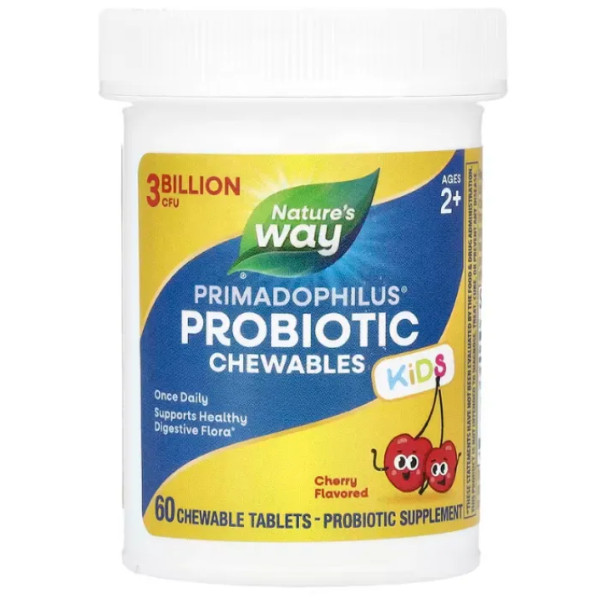 Пробиотики для детей, Primadophilus Kids, Nature's Way, от 2 до 12 лет, со вкусом вишни, 60 жевательных таблеток
