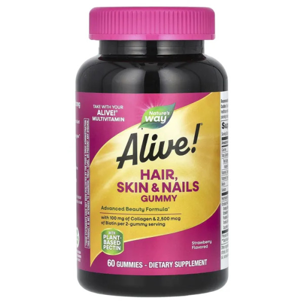 Мультивітаміни для волосся, шкіри та нігтів, Hair, Skin & Nails Gummies, Nature's Way, Alive!, 60 жувальних цукерок