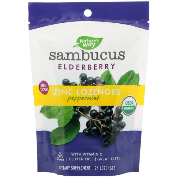 Льодяники для імунітету, бузина, цинк + вітамін C, Sambucus® Immune Lozenges, Nature's Way, перцева м'ята, 24 льодяники