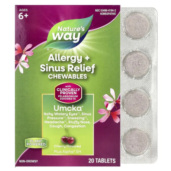 Засіб від алергії, Umcka®, Allergy + Sinus Relief Chewables, Nature's Way, для дітей від 6 років, смак вишні, 20 таблеток