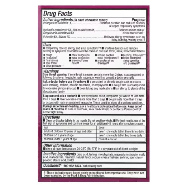 Засіб від алергії, Umcka®, Allergy + Sinus Relief Chewables, Nature's Way, для дітей від 6 років, смак вишні, 20 таблеток