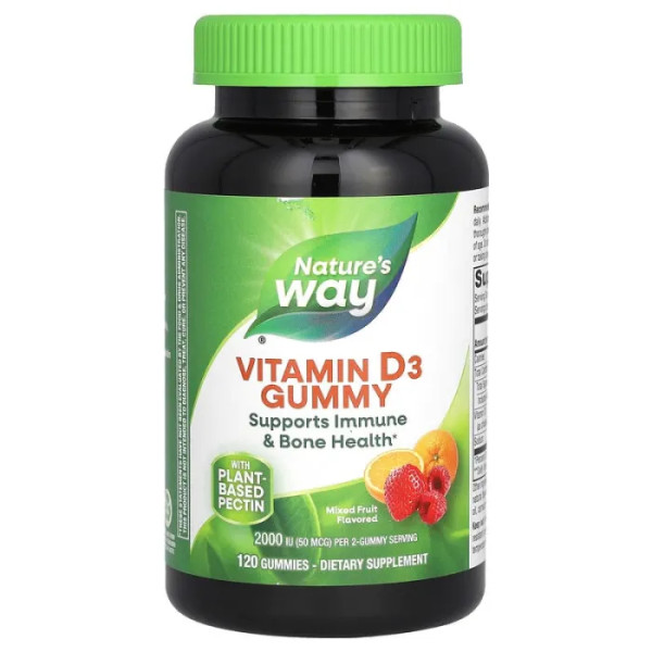 Вітамін D3 для дітей 4+ років і дорослих, Vitamin D3 Gummies, Nature's Way, смак - фруктовий мікс, 50 мкг (2000 МО), 120 жувальних цукерок (25 мкг (1000 МО) у кожній жувальній цукерці)