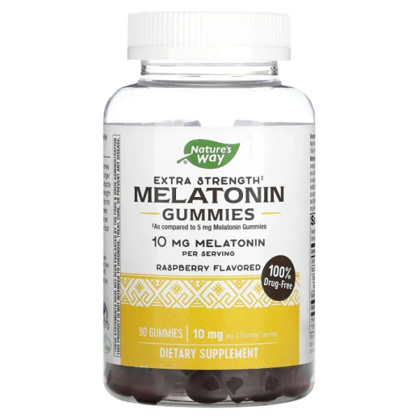 Мелатонін, Melatonin Gummies, Nature's Way, додаткова сила, смак малини, 10 мг, 90 жувальних цукерок (5 мг в одній цукерці)