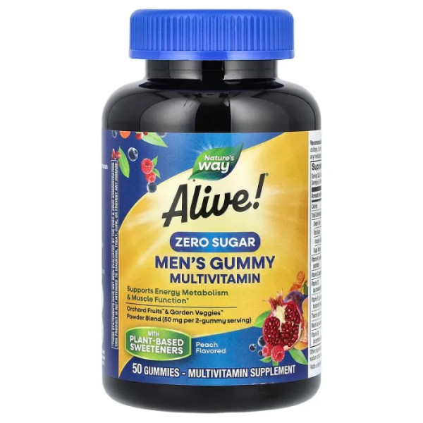 Мультивітаміни для чоловіків, жувальні, Alive! Men's Gummy Multivitamin, Nature's Way, без цукру, смак персика, 50 жувальних цукерок