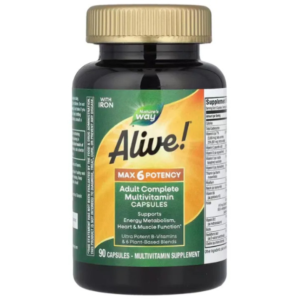 Мультивитамины, Alive!, Adult Complete Multivitamin, Nature's Way, полный комплекс для взрослых, с железом, 90 капсул