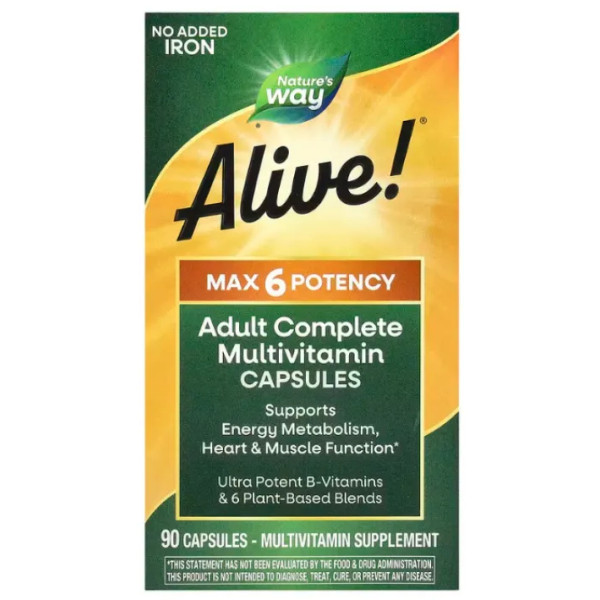 Мультивитамины, Alive!, Adult Complete Multivitamin, Nature's Way, без добавления железа, 90 капсул
