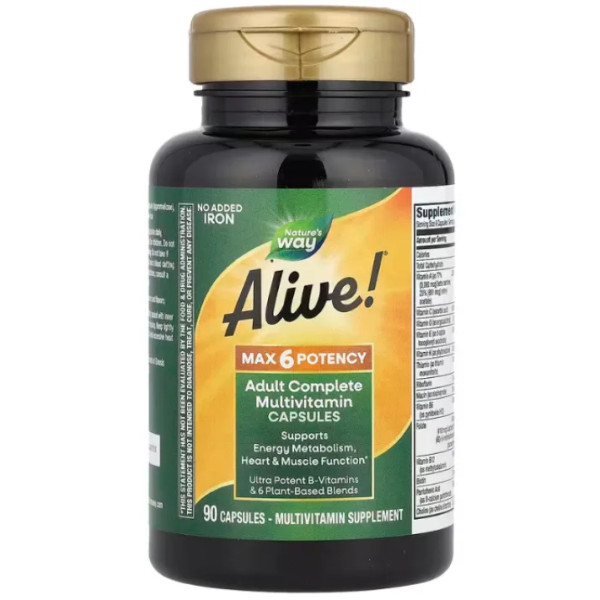 Мультивитамины, Alive!, Adult Complete Multivitamin, Nature's Way, без добавления железа, 90 капсул