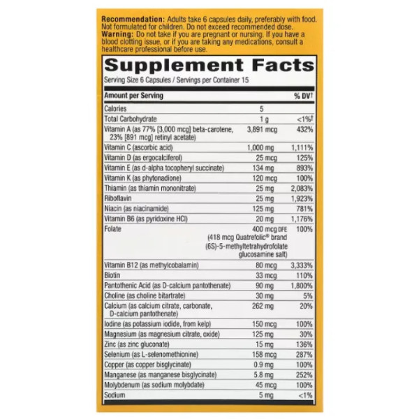 Мультивитамины, Alive!, Adult Complete Multivitamin, Nature's Way, без добавления железа, 90 капсул