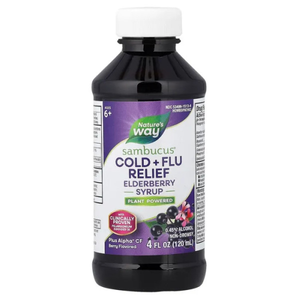 Чорна бузина для дітей від 6 років і старше, Sambucus, Cold+Flu Relief, Elderberry Syrup, Nature's Way, сироп від застуди та грипу, зі смаком ягід, 120 мл
