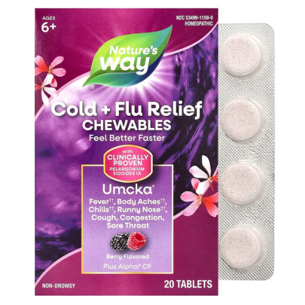 Засіб від застуди та грипу, Umcka, Cold + Flu Relief, Nature's Way, для дітей від 6 років, ягоди, 20 жувальних таблеток