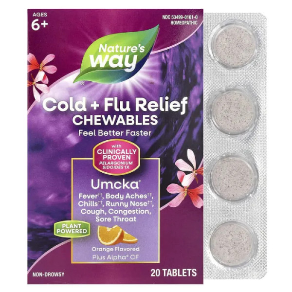 Средство от простуды и гриппа, Umcka, Cold+Flu, Nature's Way, для детей от 6 лет, вкус апельсина, 20 жевательных таблеток