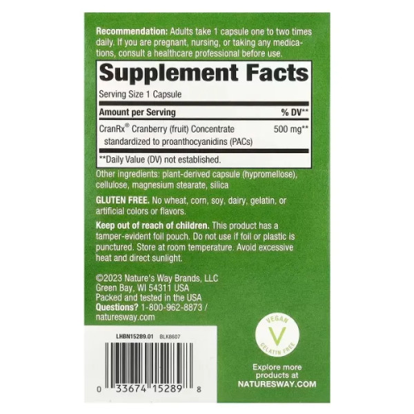 Журавлина для сечових шляхів, CranRx®, Bioactive Cranberry, Nature's Way, 500 мг, 30 капсул