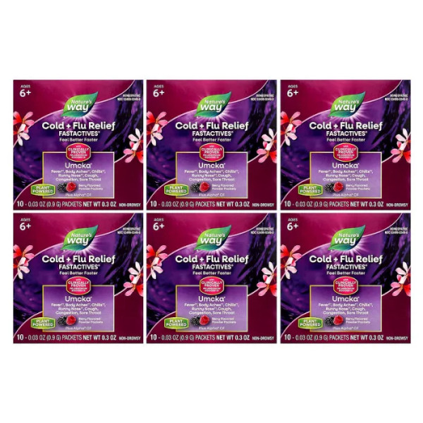 Засіб від застуди та грипу, для дітей від 6 років та дорослих, Umcka, Cold+Flu, Nature's Way, смак ягід, 6 коробок по 10 пакетів
