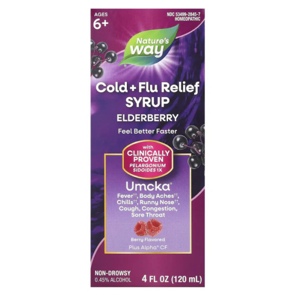Сироп від застуди та грипу з бузиною, Cold+Flu Relief Syrup, Elderberry, Umcka®, Nature's Way, для дітей віком від 6 років, смак ягід, 120 мл