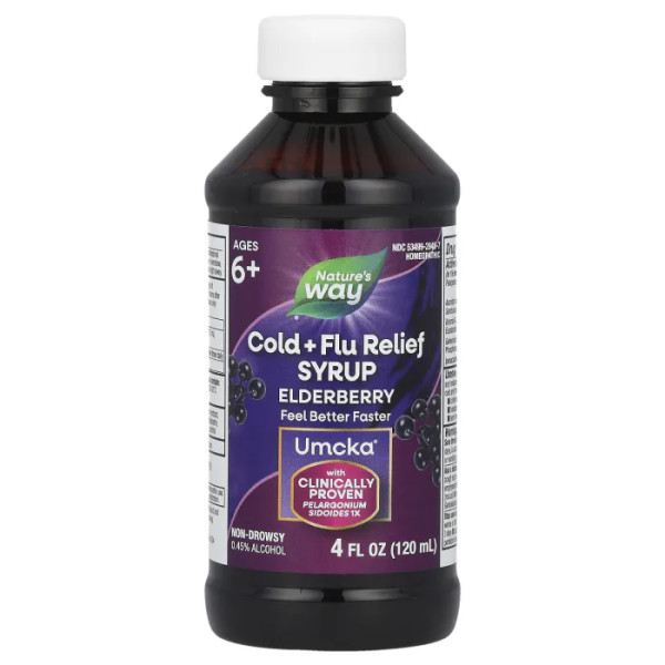 Сироп від застуди та грипу з бузиною, Cold+Flu Relief Syrup, Elderberry, Umcka®, Nature's Way, для дітей віком від 6 років, смак ягід, 120 мл