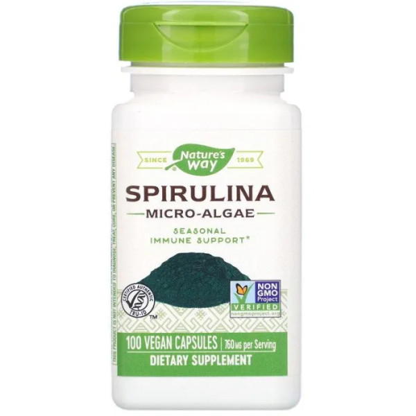 Спирулина, Spirulina, Nature's Way, микроводоросли, 760 мг, 100 веганских капсул