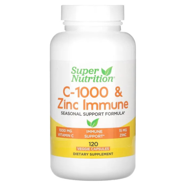 Зміцнення імунітету, C-1000 & Zinc Immune, Super Nutrition, C-1000 та цинк, 120 рослинних капсул