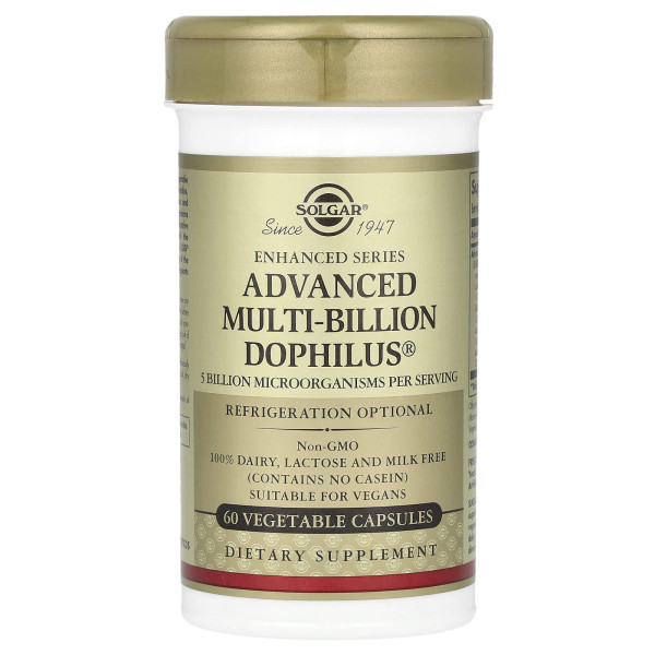 Пробіотики дофілус, Advanced Multi-Billion Dophilus, Solgar, комплекс, 60 рослинних капсул