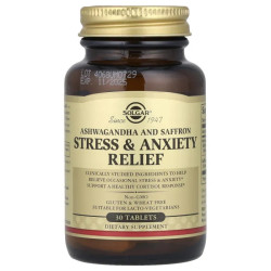 Снятие стресса и тревоги, ашвагандха и шафран, Solgar Stress & Anxiety Relief Ashwagandha and Saffron, 30 таблеток