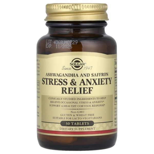 Зняття стресу і тривоги, Ашваганда і шафран, Stress & Anxiety Relief, Ashwagandha and Saffron, Solgar, 30 таблеток