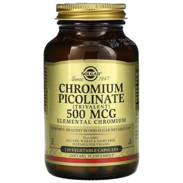 Хром піколінат, Chromium Picolinate, Solgar, 500 мкг, 120 вегетаріанських капсул