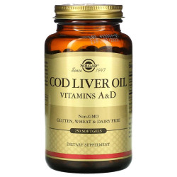 Витамин А и D из масла печени трески, Solgar Cod Liver Oil, 250 гелевых капсул