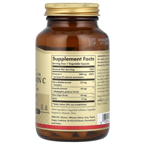 Витамин С плюс (эстер С), Ester-C Plus, Solgar, 500 мг, 100 растительных капсул