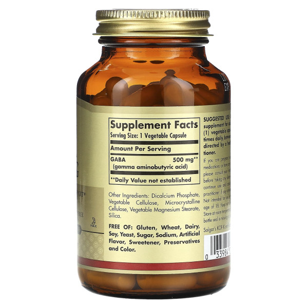 ГАМК, Гамма-аминомасляная кислота, GABA, Solgar, 500 мг, 100 растительных капсул