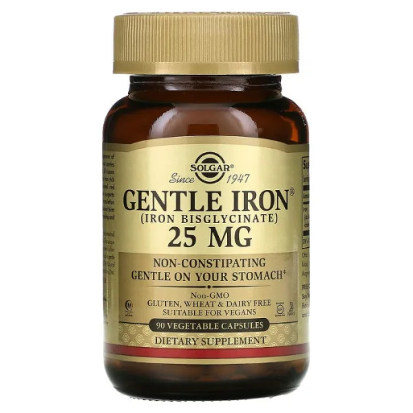 Залізо, Gentle Iron, Solgar, 25 мг, 90 вегетаріанських капсул