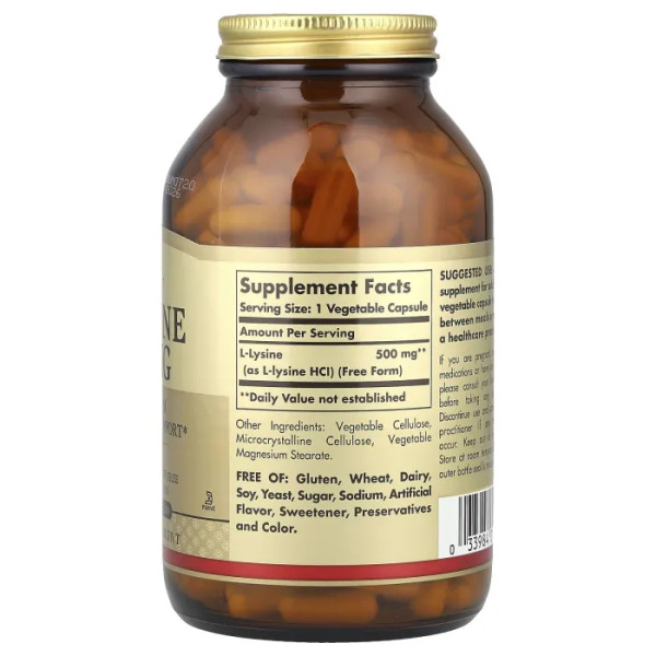 L-лізин, L-Lysine, Solgar, вільна формула, 500 мг, 250 вегетаріанських капсул