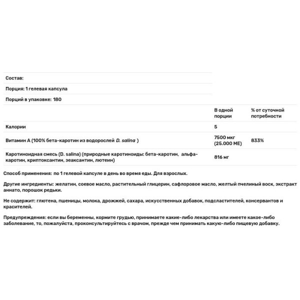 Бета каротин океанічний, Beta-Carotene, Solgar, 7500 мкг (25,000 МО), 180 гелевих капсул