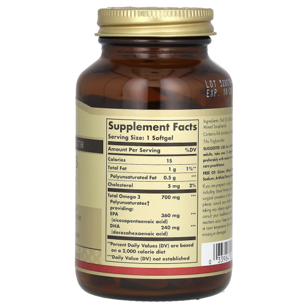Омега-3, риб'ячий жир, Omega-3, EPA & DHA, Solgar, подвійна сила, 700 мг, 60 гелевих капсул
