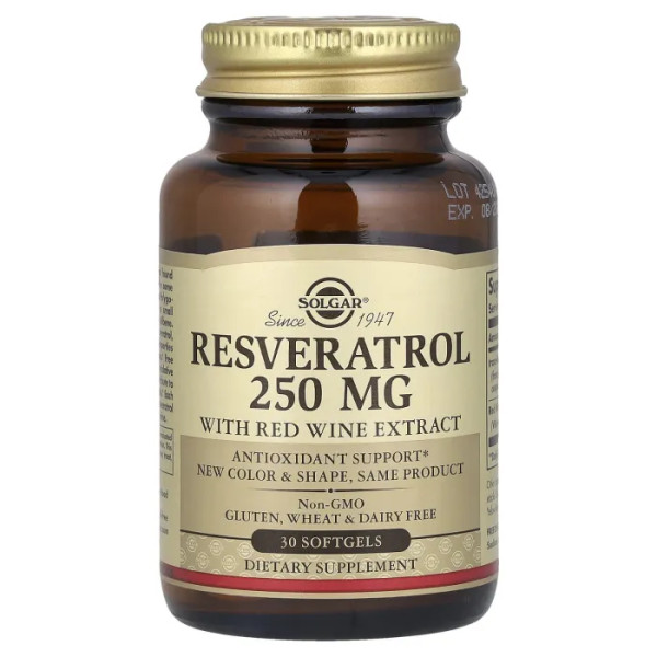 Ресвератрол (Resveratrol), Solgar, 250 мг, 30 капсул