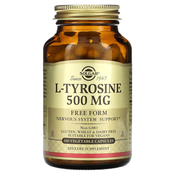 Тирозин, L-Tyrosine, Solgar, 500 мг, 100 вегетаріанських капсул