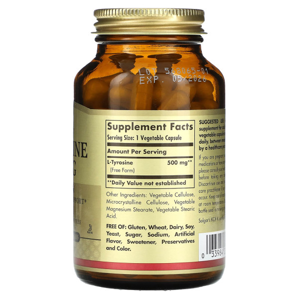 Тирозин, L-Tyrosine, Solgar, 500 мг, 100 вегетаріанських капсул