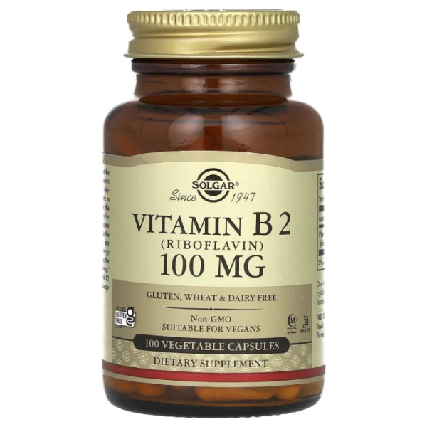 Рибофлавін (вітамін В2), Vitamin B2, Solgar, 100 мг, 100 вегетаріанських капсул