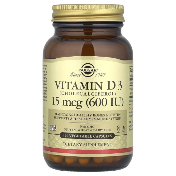 Вітамін D3 (холекальциферол), Vitamin D3, Solgar, 15 мкг (600 МЕ), 120 вегетаріанських капсул