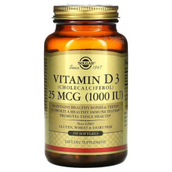 Витамин D3 (холекальциферол), Solgar Vitamin D3, 25 мкг (1000 МЕ), 250 гелевых капсул
