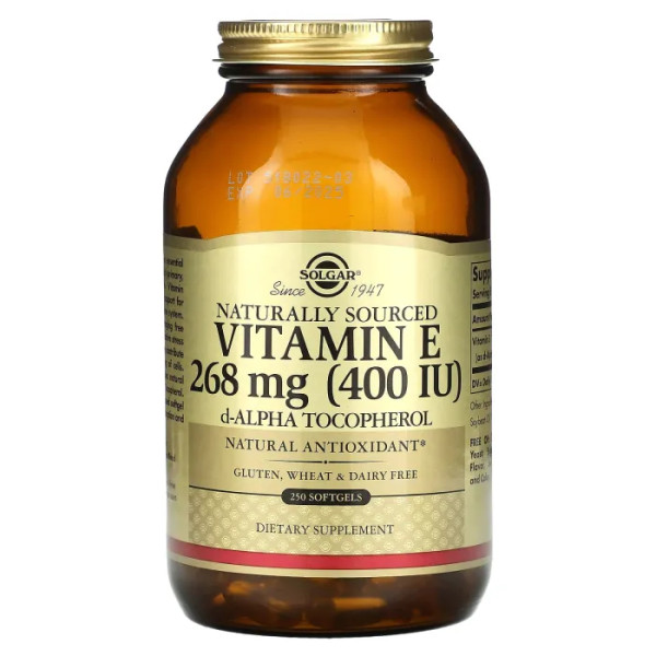 Вітамін Е, Naturally Sourced Vitamin E, Solgar, натуральний, 268 мг (400 МО), 250 гелевих капсул