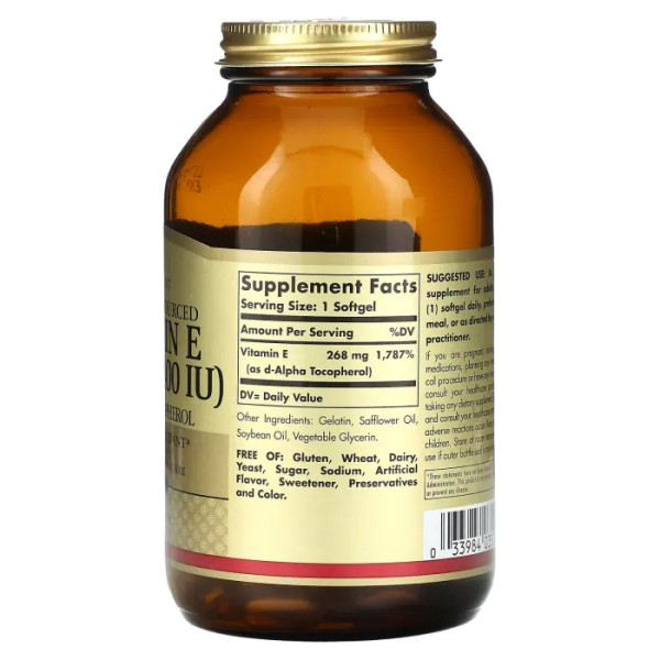 Вітамін Е, Naturally Sourced Vitamin E, Solgar, натуральний, 268 мг (400 МО), 250 гелевих капсул