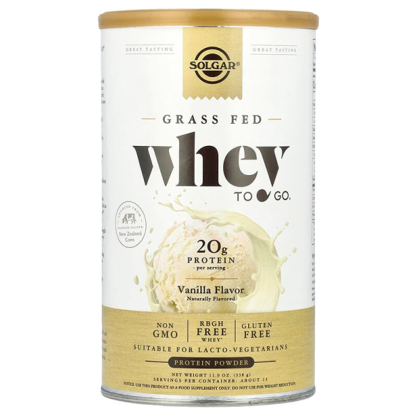 Сироватковий протеїн, Grass Fed Whey To Go Solgar, порошок, смак ванілі, 338 г