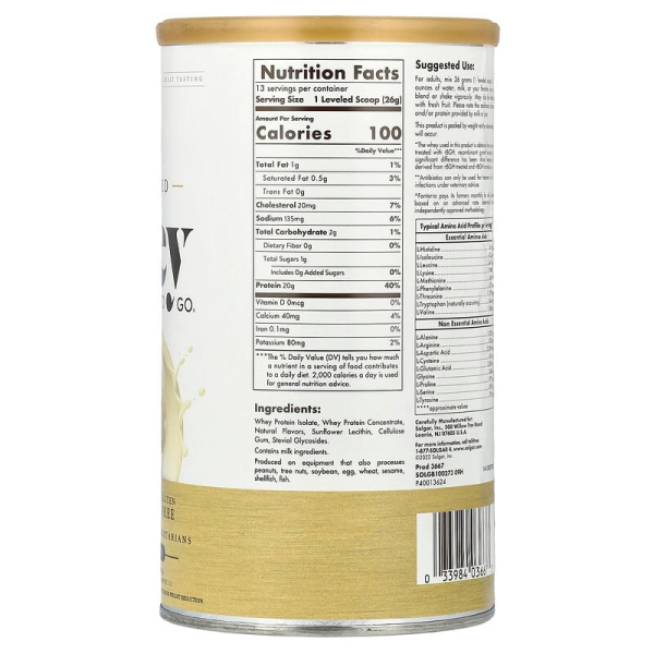 Сироватковий протеїн, Grass Fed Whey To Go Solgar, порошок, смак ванілі, 338 г