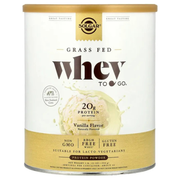 Сироватковий протеїн, Grass Fed Whey To Go, Solgar, порошок, смак ванілі, 936 г