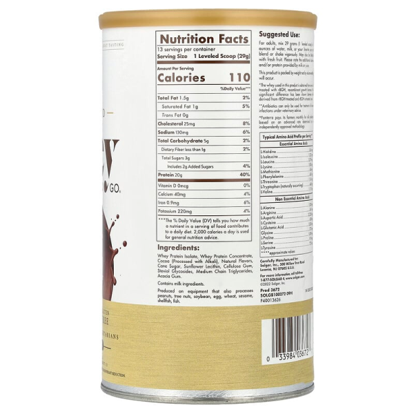 Сироватковий протеїн, Grass Fed Whey To Go Solgar, порошок, смак шоколаду, 377 г