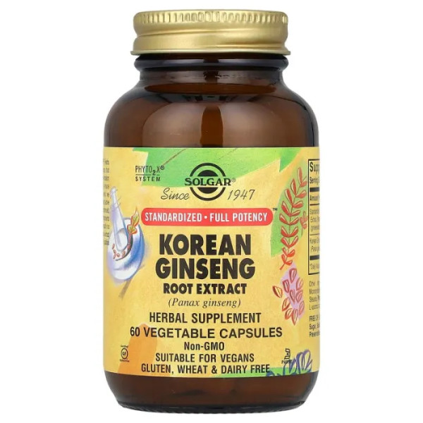 Женьшень корейський, Korean Ginseng, Solgar, екстракт коріння, 60 вегетаріанських капсул